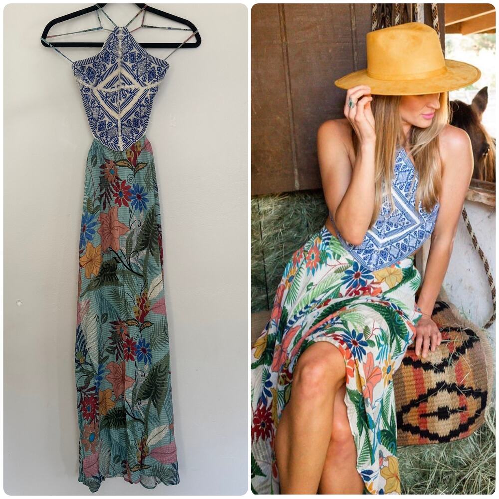 FARM Rio Tropical Floral Halter Maxi Sundress Featuring a Crochet Bodice